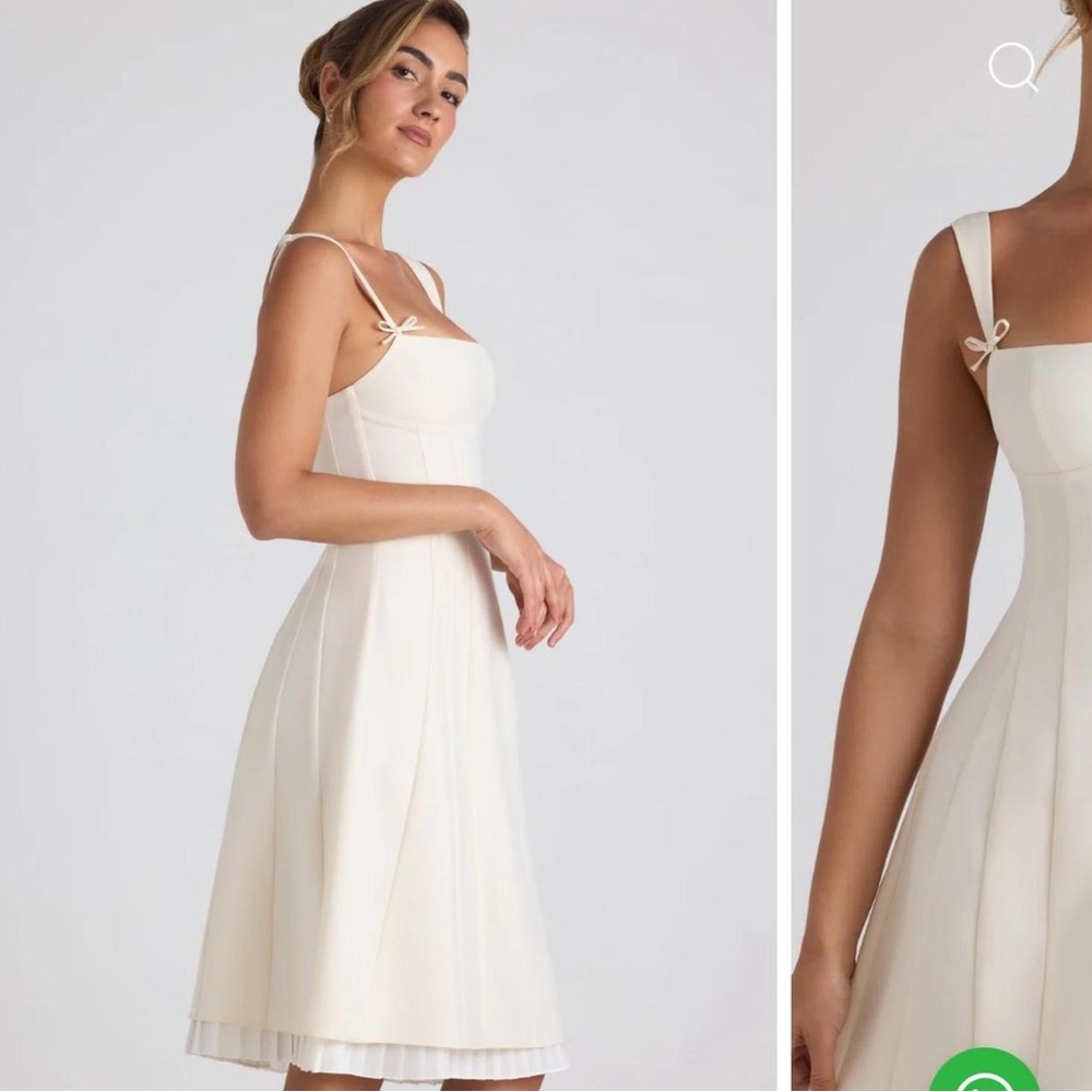 Oh Polly Isadora Bow-Detail Pleated A-Line Midi Dress in Ivory